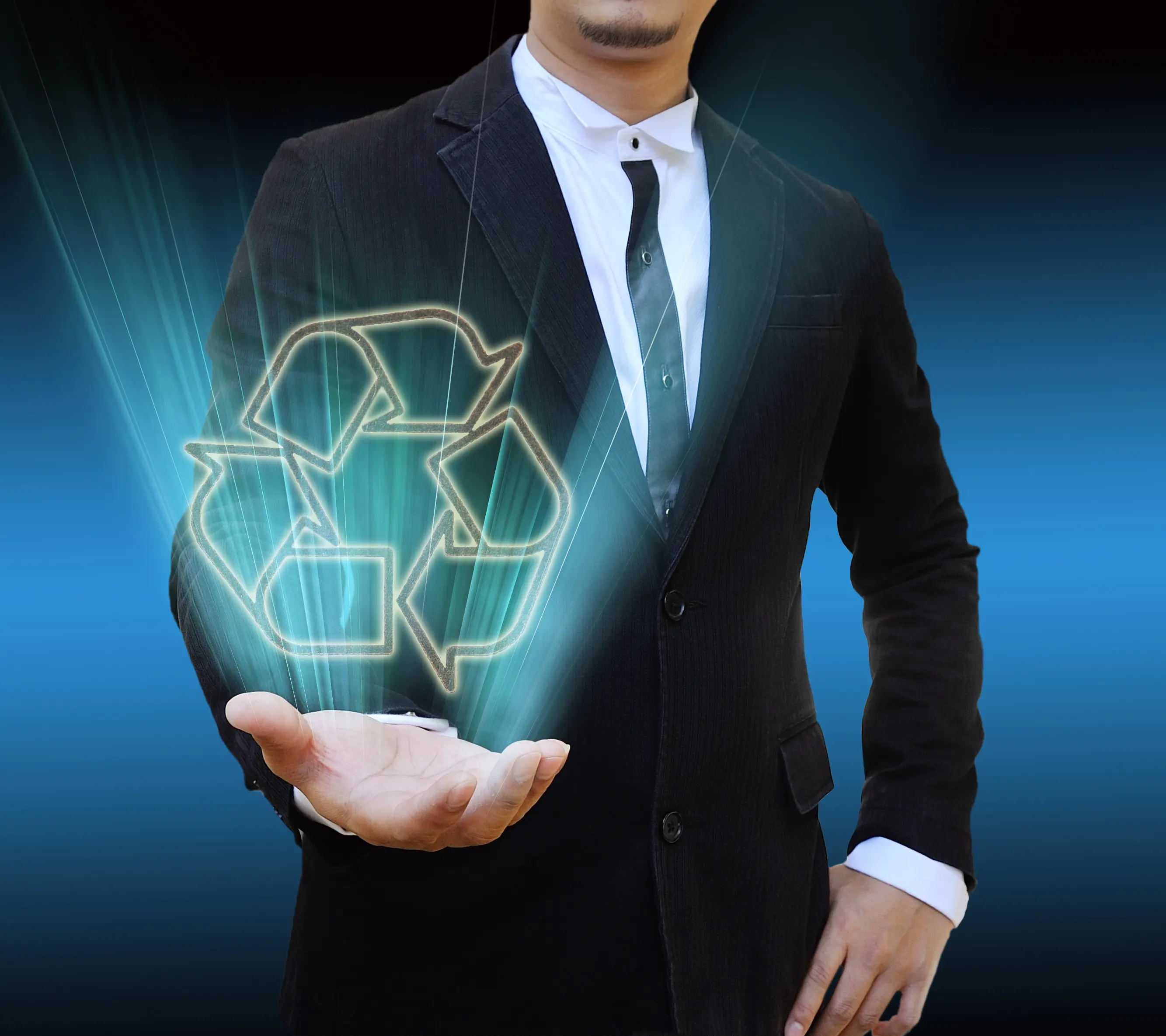 digital-composite-image-businessman-with-symbol-against-blue-background